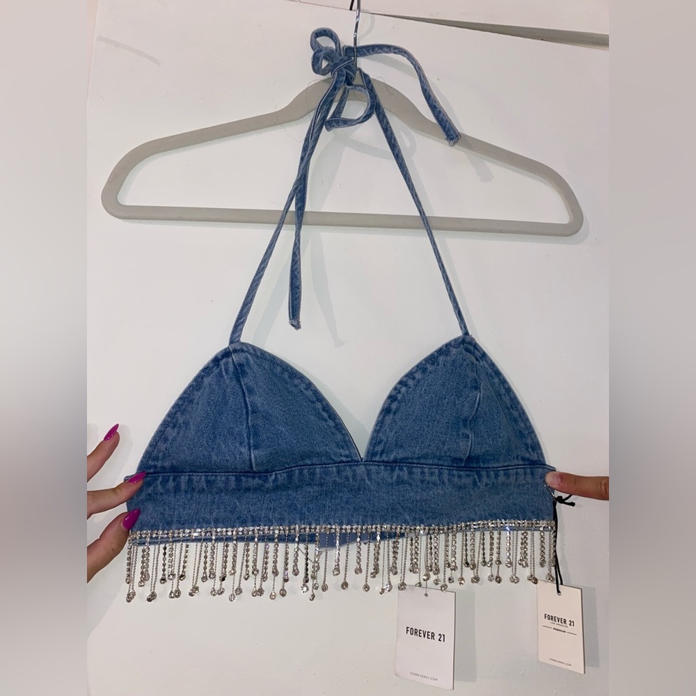 Denim with rhinestone fringe crop top - never worn